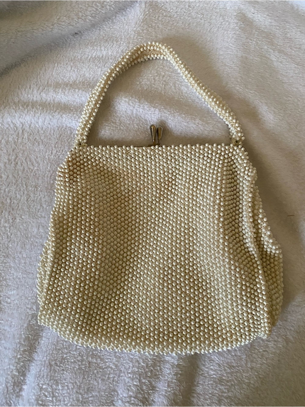 Cream Beaded Handheld Clutch with Top Handle